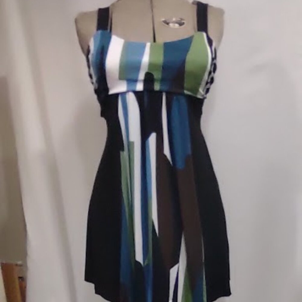 RUBY ROX Y2K VINTAGE DRESS SHORT MINI FIT TO FLAIR NO SLEEVES ABSTRACT PRINT S